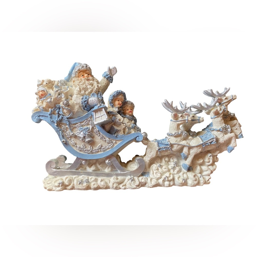 Vtg 1999 Lincolnshire Santa on Sleigh w Reindeer Blue White Christmas Collection